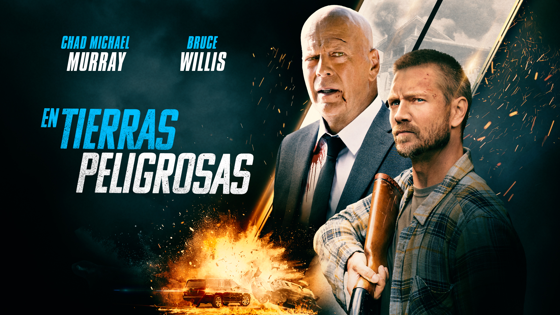 En tierras peligrosas - Poster promocional en formato horizontal de la película En tierras peligrosas, con Bruce Willis y Chad Michael Murray, que forma parte de la distribuidora cinematográfica Youplanet Pictures.