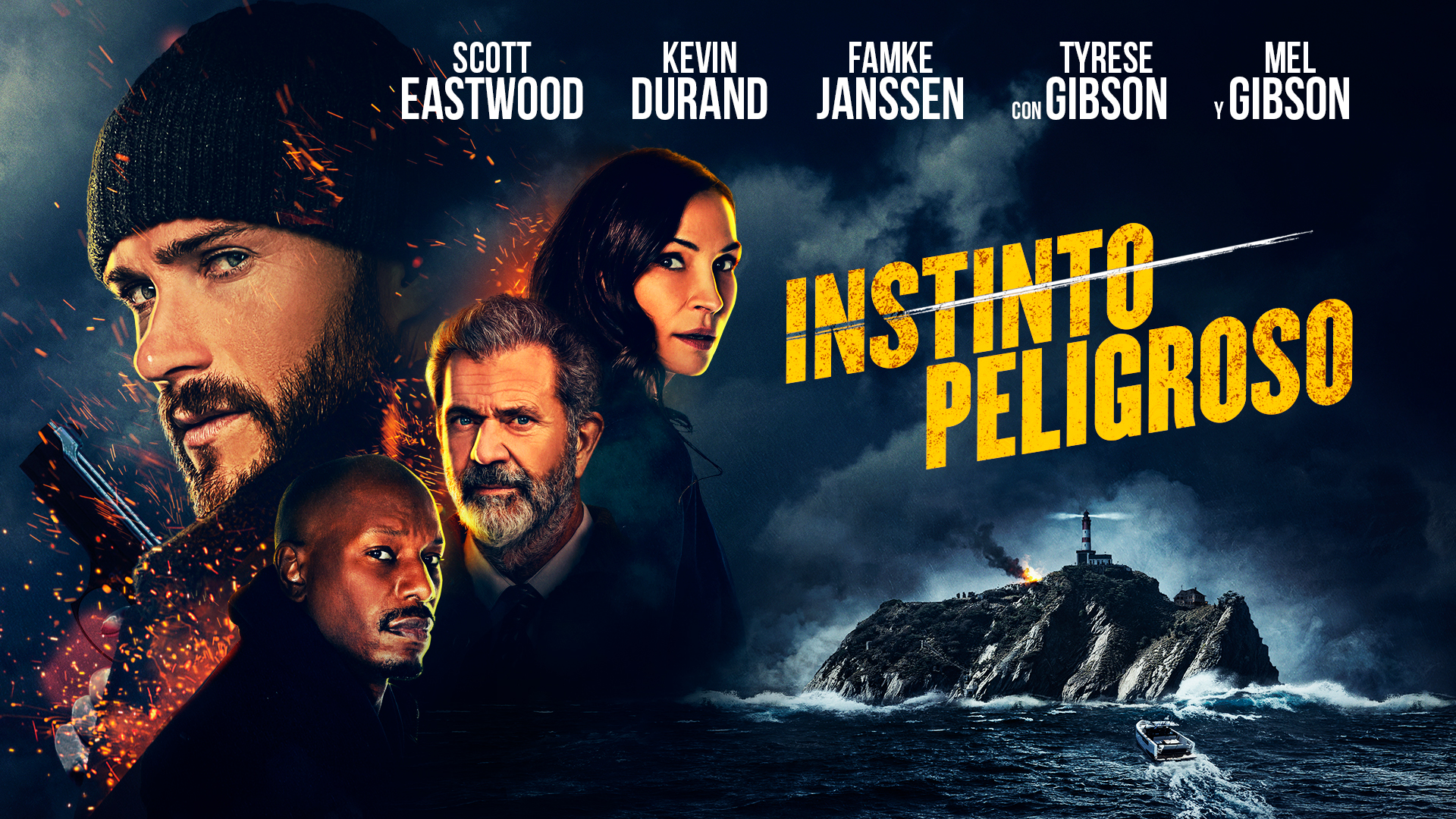 Instinto peligroso - Poster promocional de la película Instinto peligroso, con Scott Eastwood, Kevin Durand, Famke Janssen, Tyrese Gibson y Mel Gibsol, de Youplanet Pictures, productora y distribuidora cinematográfica