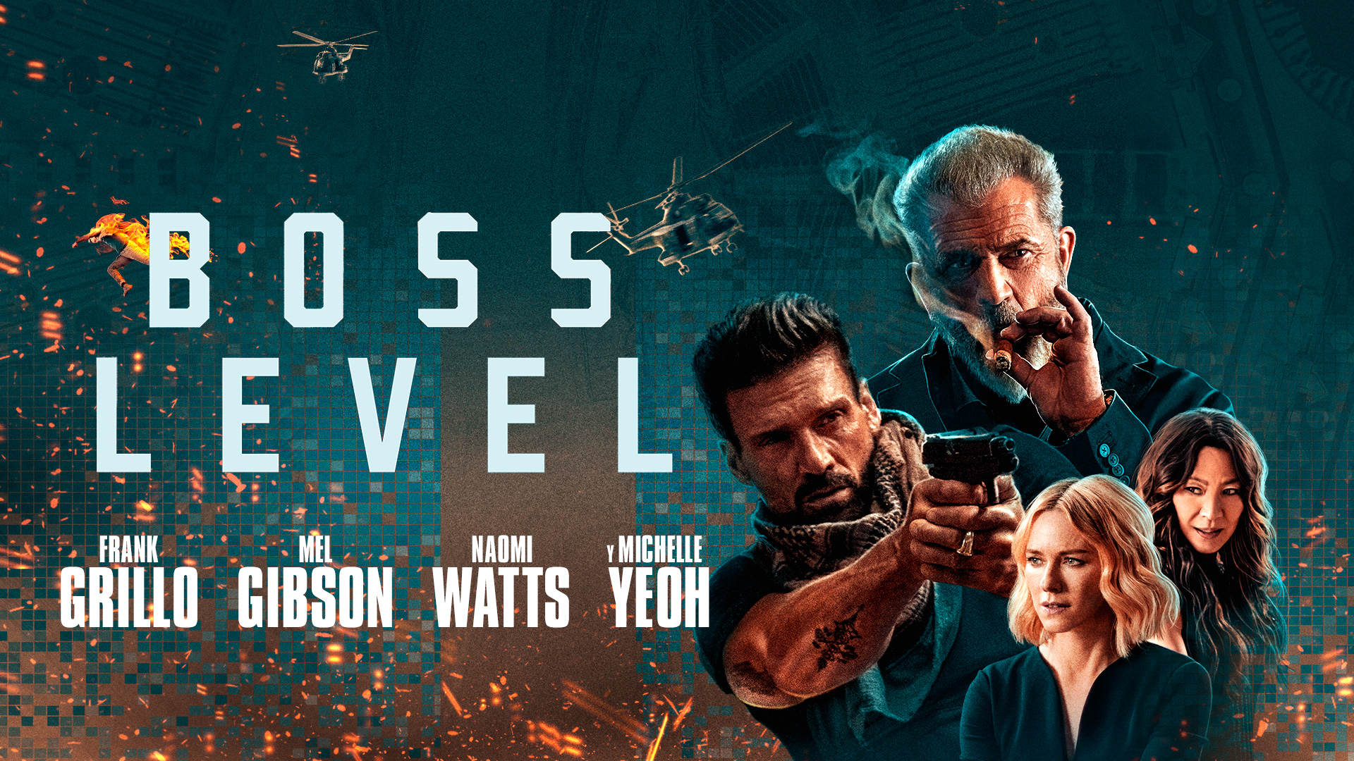 Boss Level - Poster horizontal promocional de la película Boss Level que forma parte de la distribuidora cinematográfica Youplanet Pictures. Aparecen los protagonistas Frank Grillo, Mel Gibson, Naomi Watts y Michelle Yeoh.