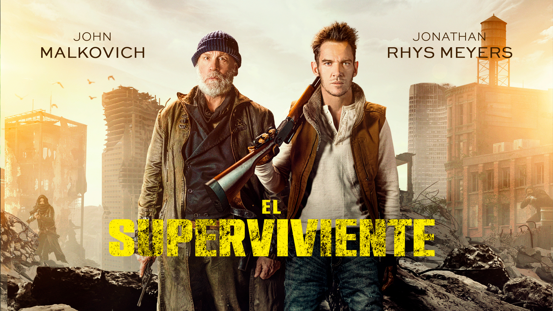 El superviviente - Poster promocional en formato horizontal de la película El Superviviente que forma parte de la distribuidora cinematográfica Youplanet Pictures. Aparecen los protagonistas John Malkovich y Jonathan Rhys Meyers